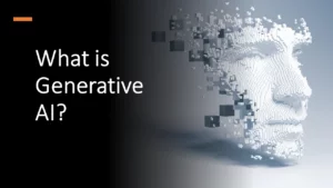 Digital face of Generative AI with pixelated effects, illustrating AI technology.