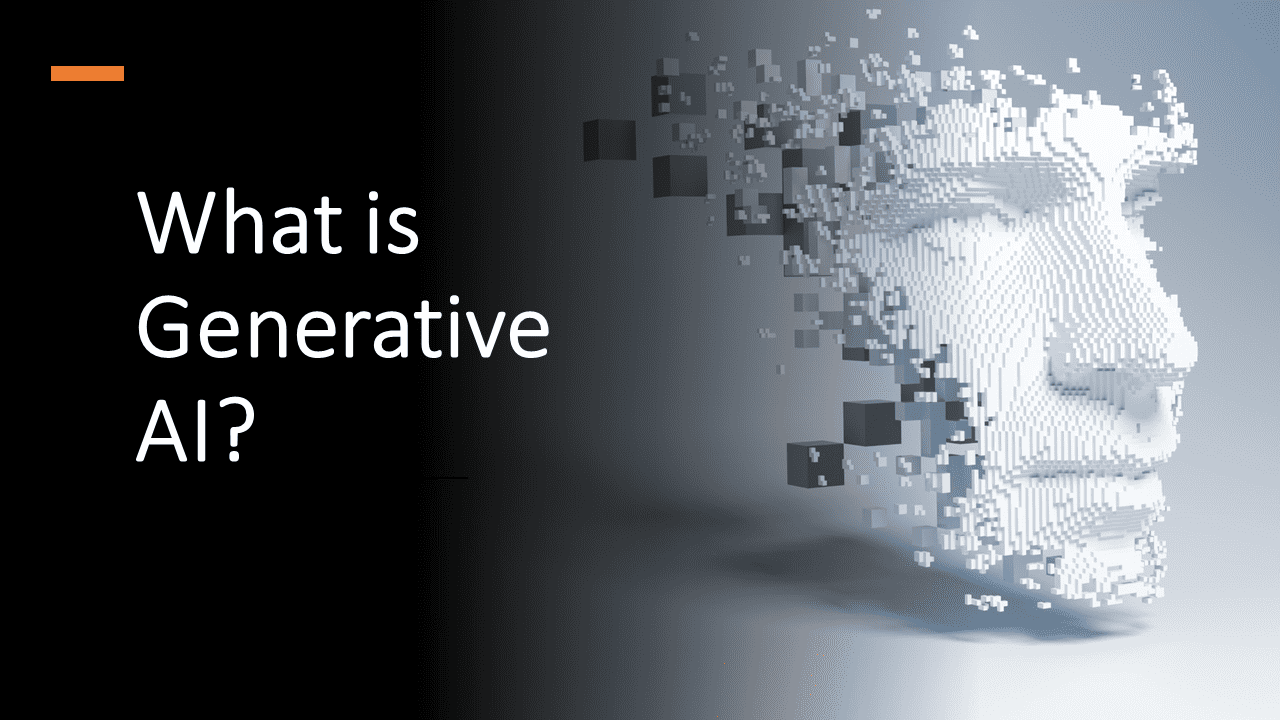 Digital face of Generative AI with pixelated effects, illustrating AI technology.