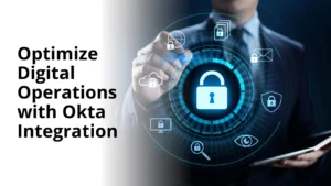 Business professional using digital security icons for Okta integration.