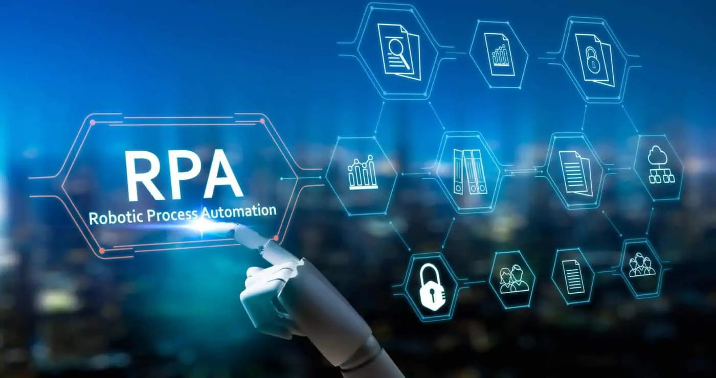 RPA icons representing automation tools and processes in a digital workspace.