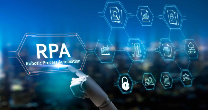 RPA icons representing automation tools and processes in a digital workspace.