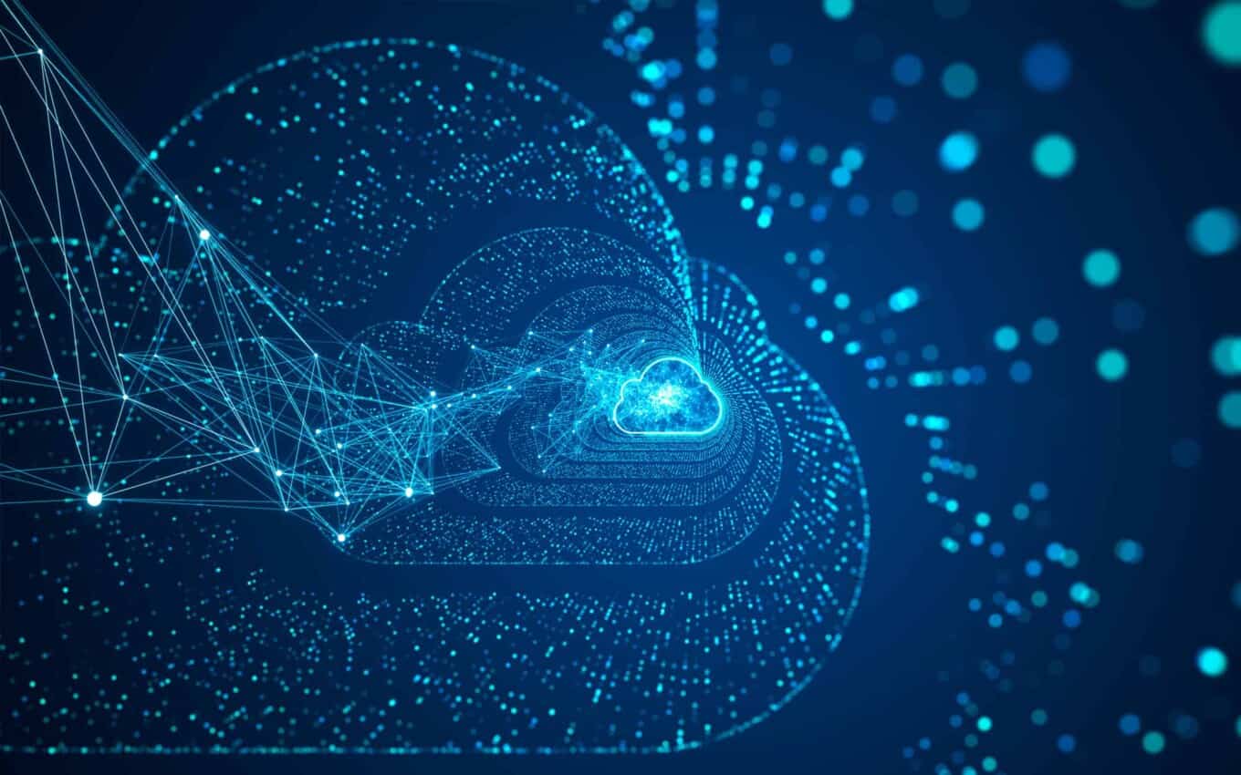 Cloud optimization technology with digital cloud and data network visuals.