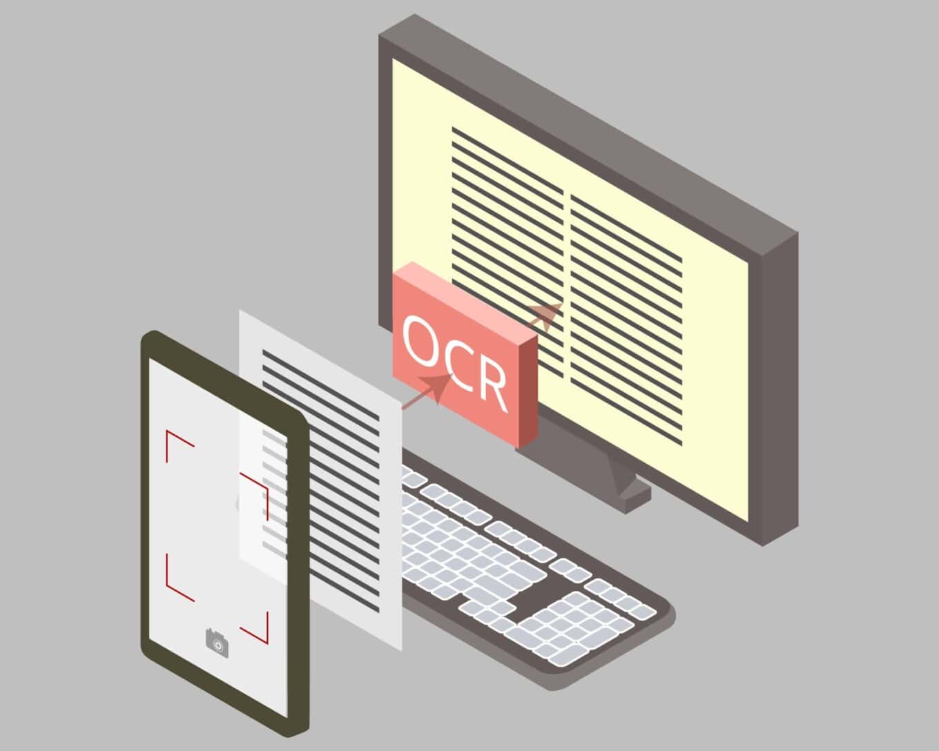 Illustration of OCR technology scanning documents on a computer and mobile device.