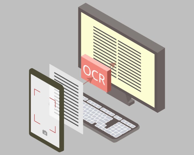 Illustration of OCR technology scanning documents on a computer and mobile device.