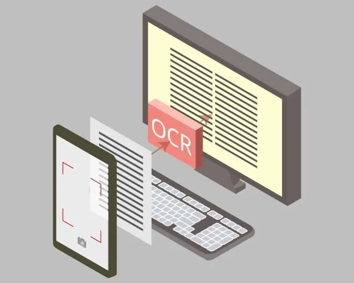Illustration of OCR technology scanning documents on a computer and mobile device.
