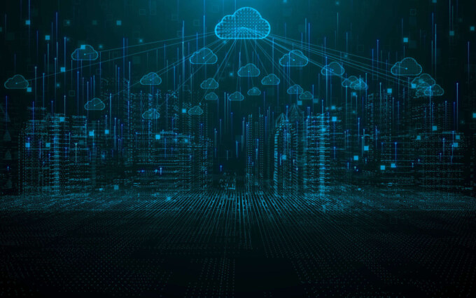 Digital cloud infrastructure with interconnected data streams and cloud icons.