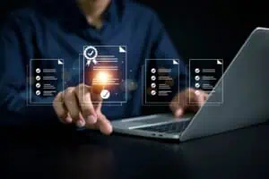 Digital security and data analysis with checklists and cloud icons.