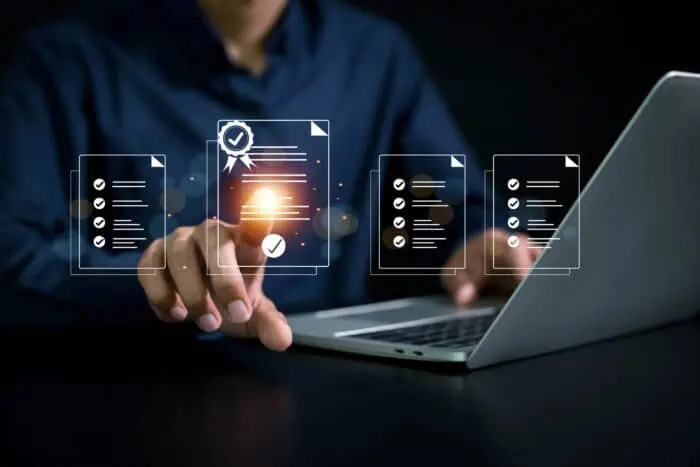 Digital security and data analysis with checklists and cloud icons.