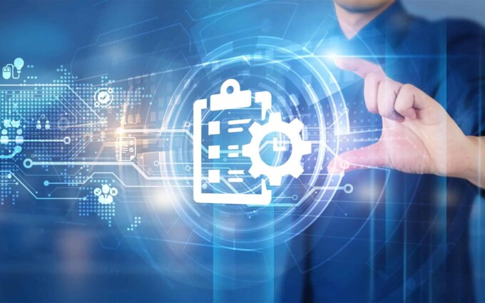 Digital transformation concept with a person interacting with a virtual interface.