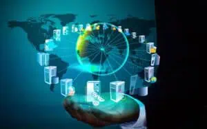 Digital globe with interconnected servers and cloud icons representing global data connectivity.