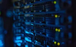 Data center server racks with secure enterprise IT infrastructure.