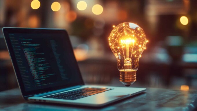 Laptop with code and glowing lightbulb symbolizing innovation and tech solutions.