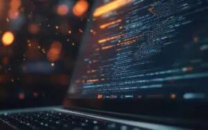 Close-up of computer screen displaying code for custom Microsoft application development.