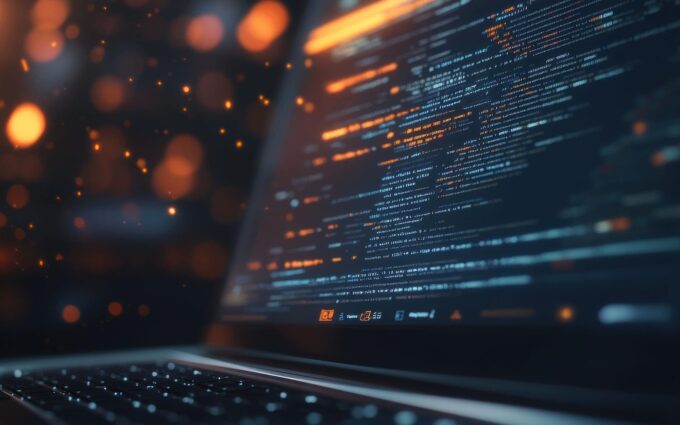 Close-up of computer screen displaying code for custom Microsoft application development.