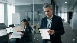 Business professionals reviewing data governance and compliance on digital devices in a modern offic.