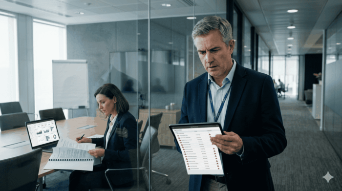 Business professionals reviewing data governance and compliance on digital devices in a modern offic.