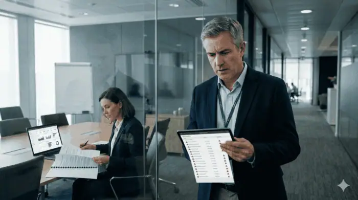 Business professionals reviewing data governance and compliance on digital devices in a modern offic.