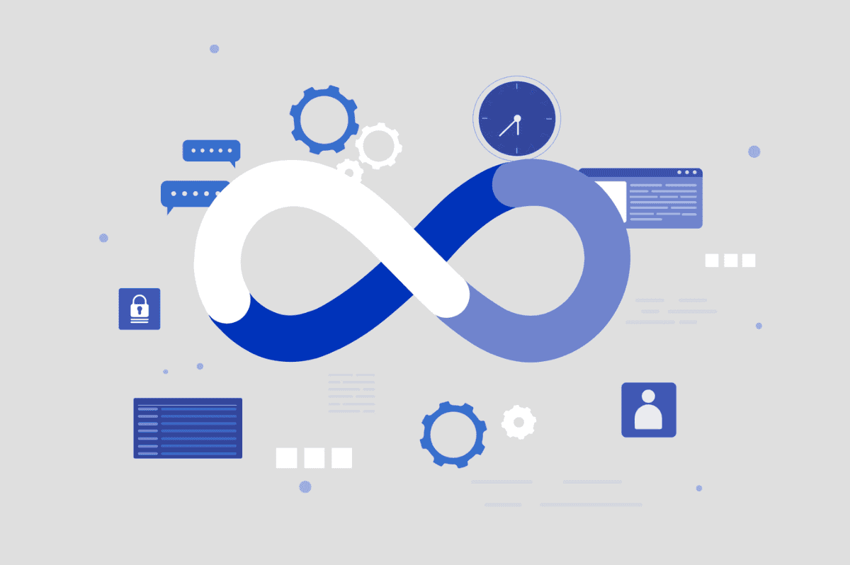 Illustration of Power Automate infinity loop with gears and icons for enterprise automation.