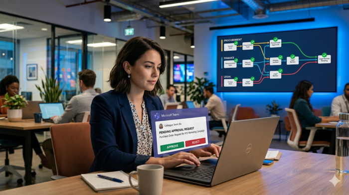 Businesswoman managing approval workflows on laptop in modern office.