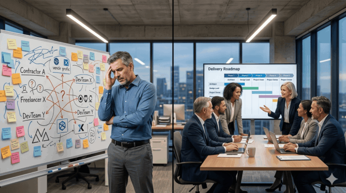 Business meeting comparing Microsoft Teams and traditional IT staffing solutions.
