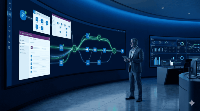 Business professional analyzing automation workflows on large digital screens.