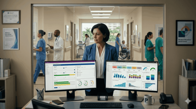 Healthcare professional analyzing data on dual monitors in hospital setting.