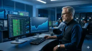 IT professional monitoring workflow automation on multiple screens in a control room.