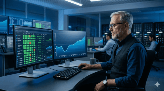 IT professional monitoring workflow automation on multiple screens in a control room.
