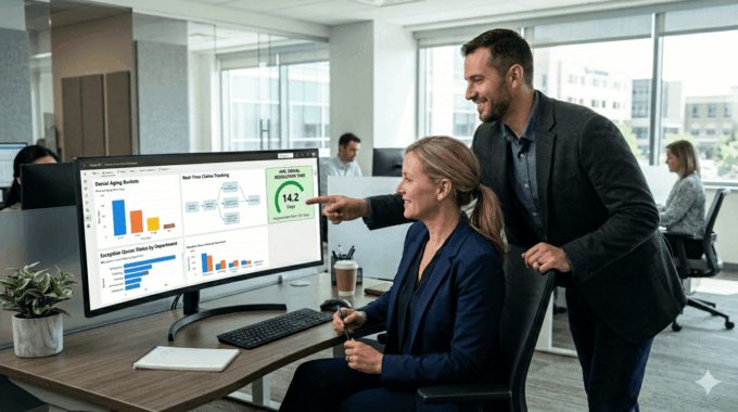 Healthcare professionals using Power BI and Azure for revenue cycle management.