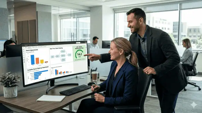 Healthcare professionals using Power BI and Azure for revenue cycle management.