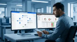 Business professional analyzing automation tools on dual monitors.