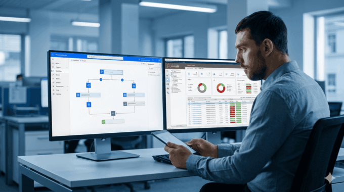 Business professional analyzing automation tools on dual monitors.
