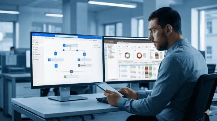 Business professional analyzing automation tools on dual monitors.