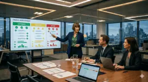 Business team discussing workflow automation and process optimization in a modern office.