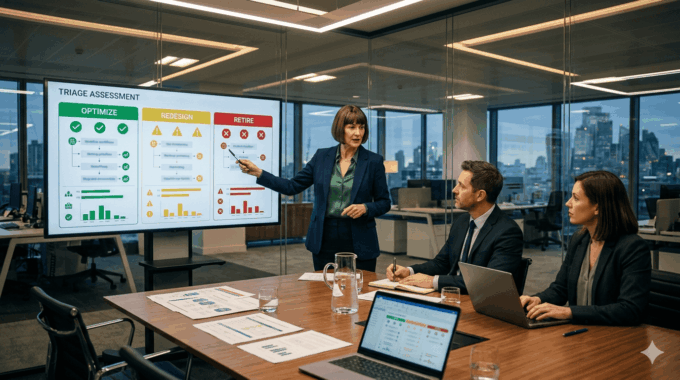 Business team discussing workflow automation and process optimization in a modern office.