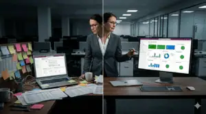 Businesswoman analyzing Shadow IT and Power Platform risks in modern office.