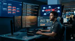 Man monitoring cybersecurity and automation on multiple screens in a high-tech control room.