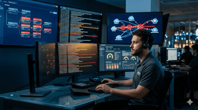 Man monitoring cybersecurity and automation on multiple screens in a high-tech control room.