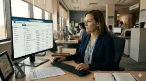 Woman working on SharePoint financial assistance policy on computer in office.