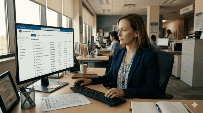 Woman working on SharePoint financial assistance policy on computer in office.