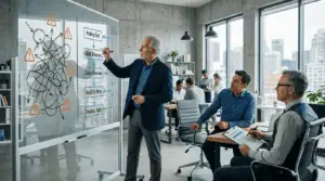 Business meeting with AI strategy diagram and team discussing governance options.