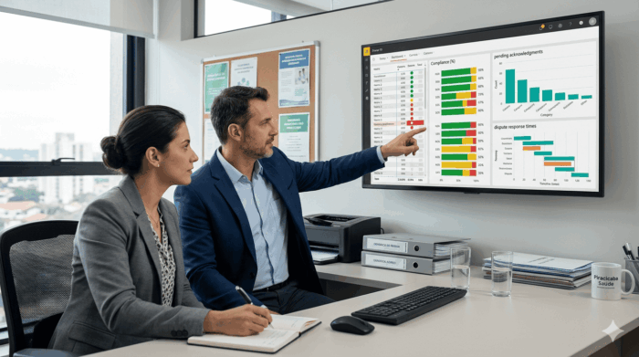 Business professionals analyzing healthcare data on a large screen in an office.