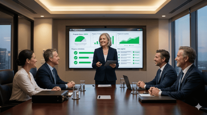 Business meeting with professionals discussing risk strategies in a conference room.