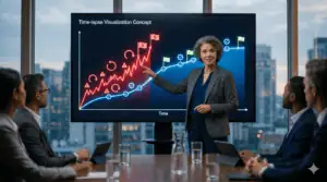 Businesswoman presenting governance and speed strategies for Microsoft modernization.