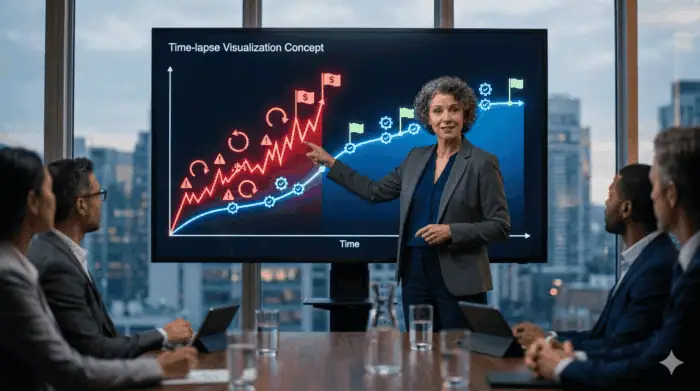 Businesswoman presenting governance and speed strategies for Microsoft modernization.