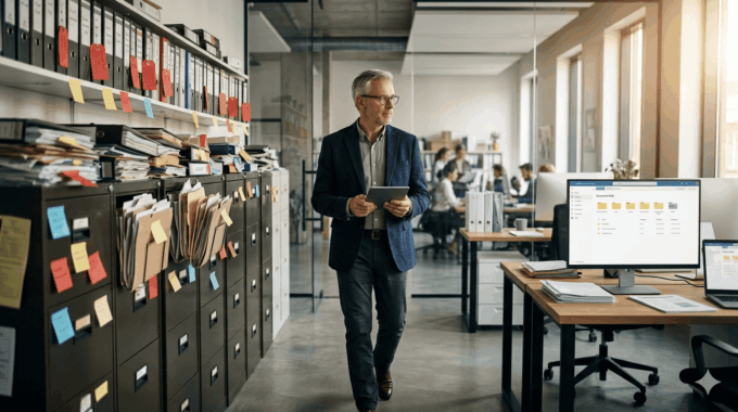 Business professional reviewing SharePoint files in modern office setting.