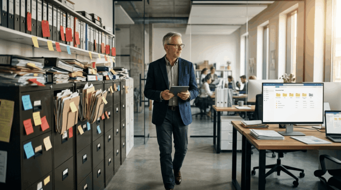 Business professional reviewing SharePoint files in modern office setting.