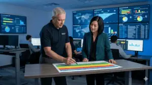 Team discussing data security and risk management strategies in a high-tech control room.