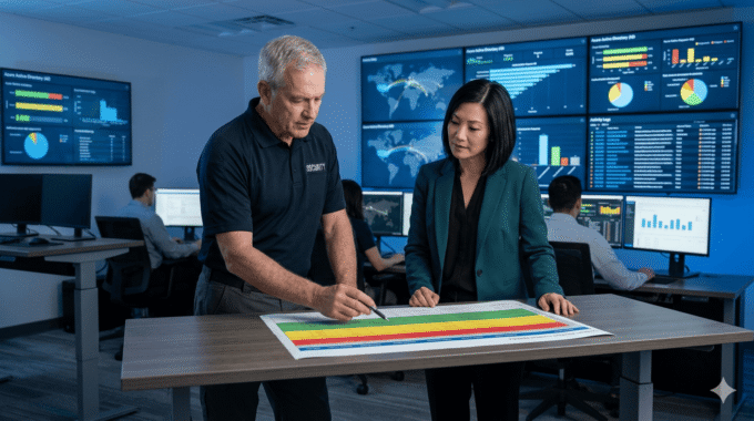 Team discussing data security and risk management strategies in a high-tech control room.