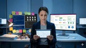 Woman managing Power Platform migration with multiple screens and notes.